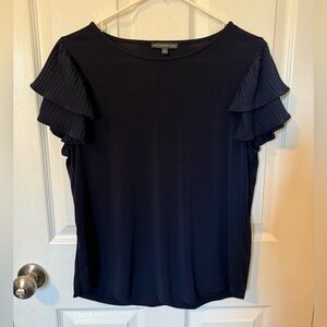 Adrianna Papell Navy Pleated Ruffle Short Sleeve Blouse Size Medium